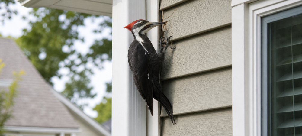 woodpecker pecking at side of house