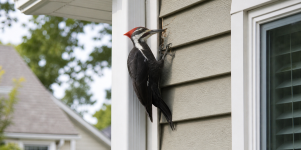 woodpecker pecking at side of house